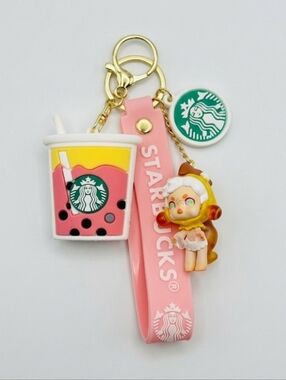 Starbucks Pink Bubble Tea Keychain with Charm and Logo